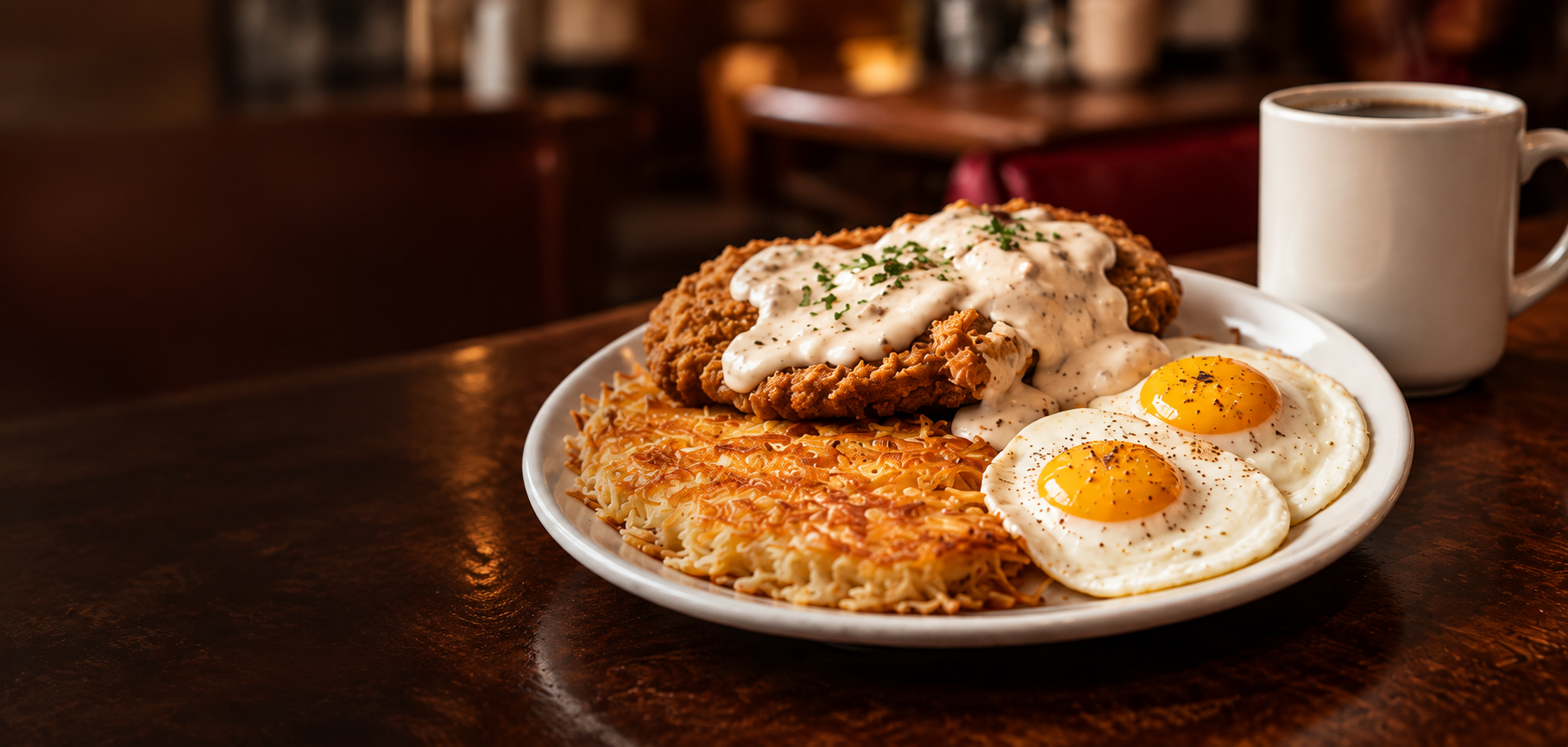 Illustrative breakfast scene with chicken fried steak, eggs, hash browns and coffee